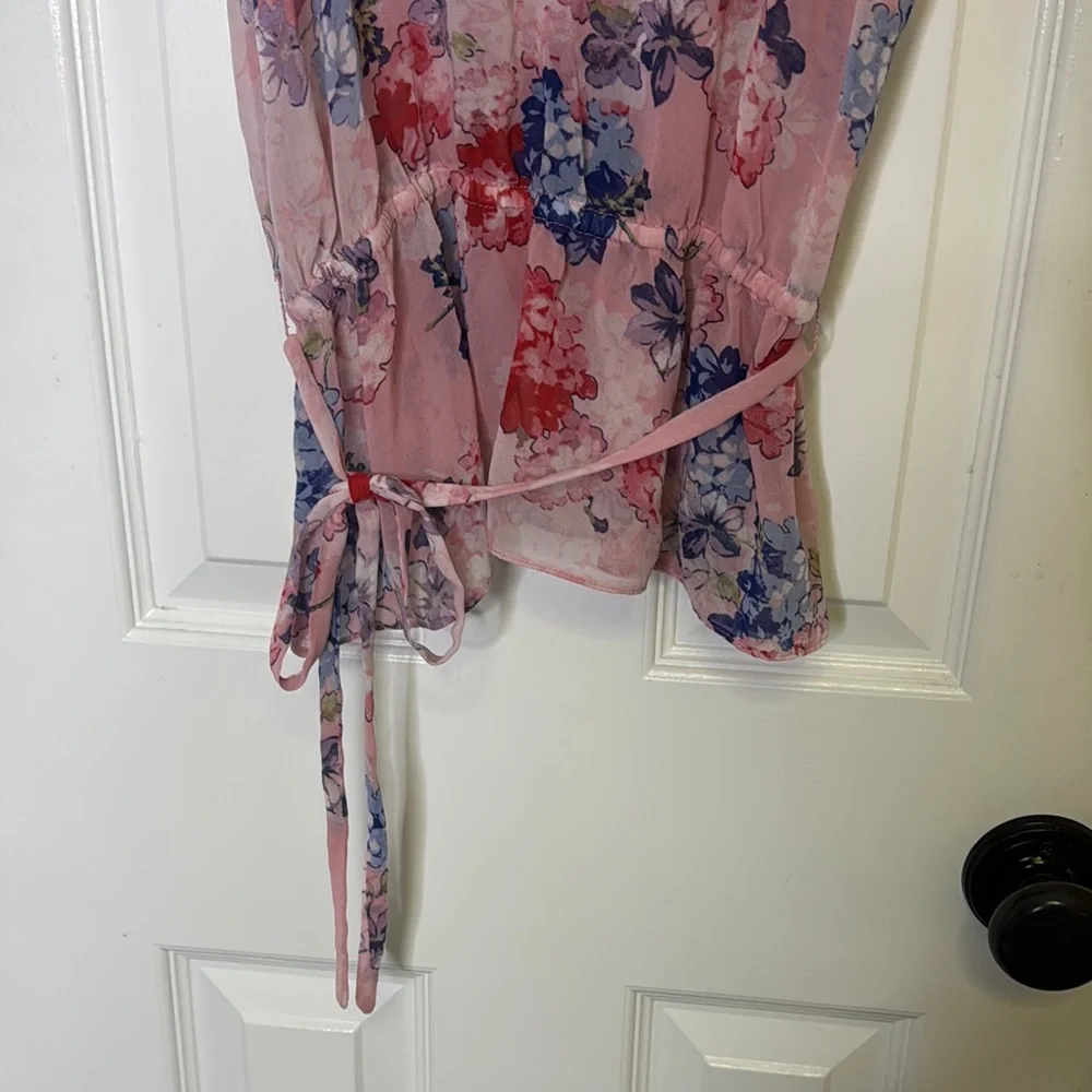 Zara Ruffled Flutter Sleeve Blouse in Pink and Blue - Picture 5 of 7